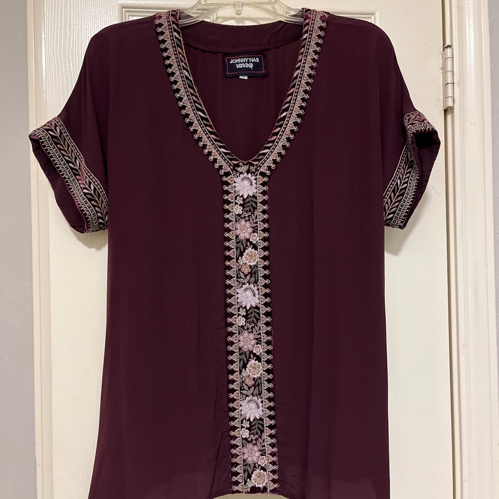 Johnny Was Women's Burgundy Embroidered Top